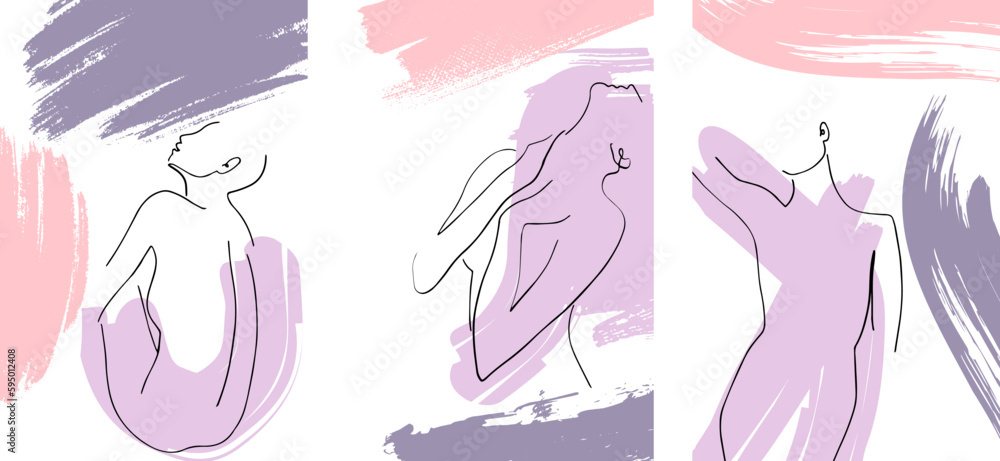 Set of Line Drawing and watercolour Wall art posters Female form design in trendy contemporary collage style, for wall art decoration, postcard, cover design Set of Line Drawing and watercolour Wall art posters Female form design in trendy contemporary collage style, for wall art decoration, postcard, cover design