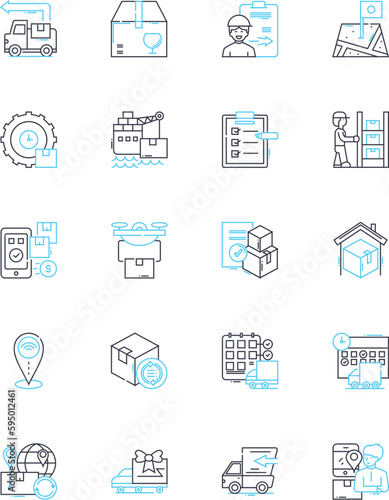 Logistic company linear icons set. Shipping, Transport, Distribution, Warehousing, Freight, Logistics, Supply chain line vector and concept signs. Inventory,Delivery,Export outline illustrations