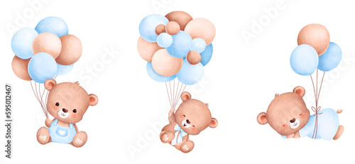 Baby girls art posters cute cuddly teddy bear and balloon  design composition in trendy contemporary collage style, for wall art decoration, postcard, cover design