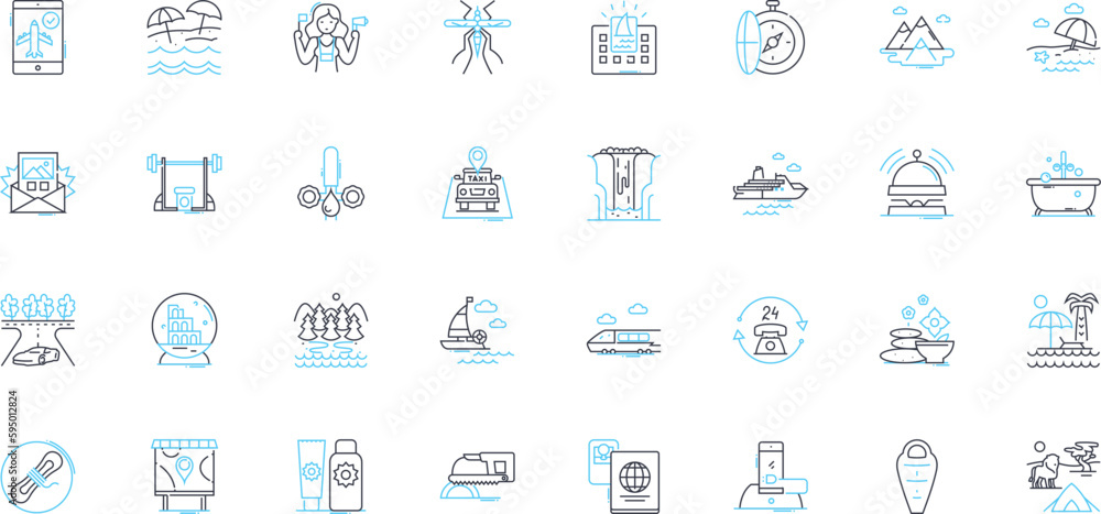 Work excursions linear icons set. Adventure, Team-building, Nerking, Fun, Bonding, Learning, Productivity line vector and concept signs. Relaxation,Nature,Culture outline illustrations