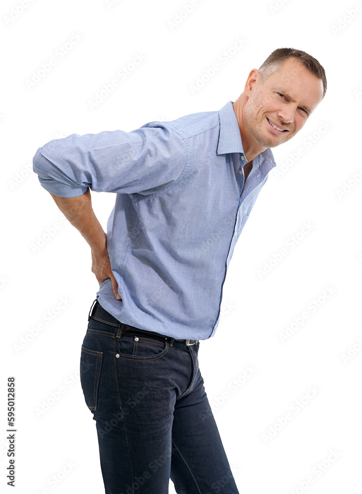 Back pain, spine injury or portrait of businessman in accident with crisis, bruised body or injured employee. Hurt, risk or stressed mature worker with backache isolated on transparent png background Back pain, spine injury or portrait of businessman in accident with crisis, bruised body or injured employee. Hurt, risk or stressed mature worker with backache isolated on transparent png background