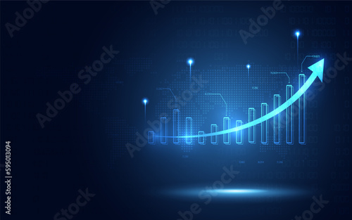 Futuristic raise arrow chart digital transformation abstract technology background. Big data and business growth currency stock and investment economy. Vector illustration
