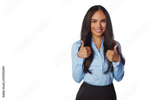 Photos Thumbs up, portrait and woman employee isolated on transparent, png background for success, support or like