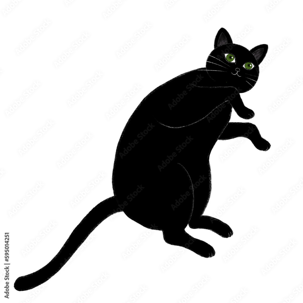 横になった黒猫のイラスト、ゴロゴロしている黒猫のイラスト、寝そべる黒猫のイラスト、黒猫のイラスト