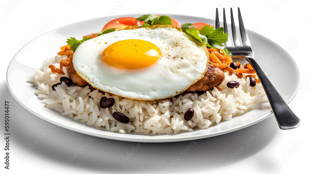 plate of rice with beans and fried egg, isolated, white background, generated by ai plate of rice with beans and fried egg, isolated, white background, generated by ai