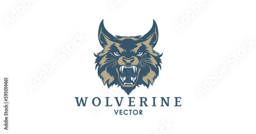 Vector logo. The head of a terrible angry toothy wolverine. White isolated background. Sticker, icon or emblem.