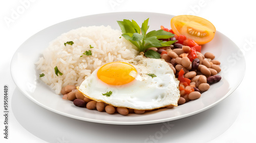 plate of rice with beans and fried egg, isolated, white background, generated by ai