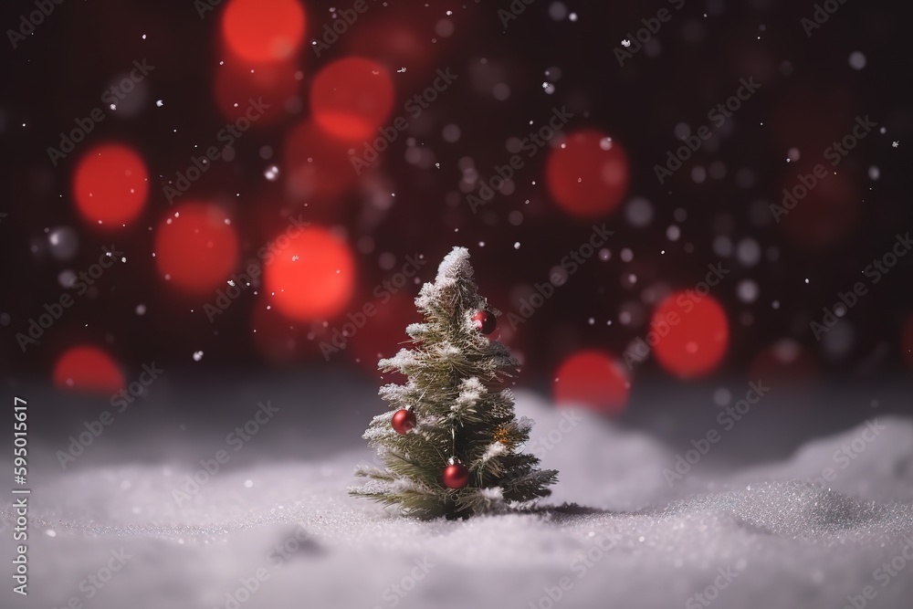 Miniature Christmas tree, red background, Generative AI
