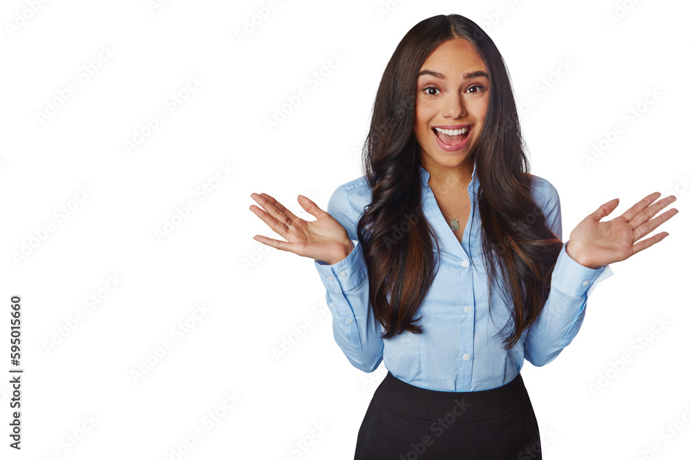 Business woman, excited and surprise portrait with a smile, corporate or professional outfit. Happy, confident and female entrepreneur with wow announcement isolated on a transparent, png background Business woman, excited and surprise portrait with a smile, corporate or professional outfit. Happy, confident and female entrepreneur with wow announcement isolated on a transparent, png background