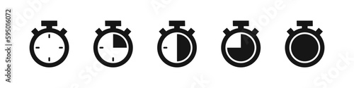Timer icon. Clock symbol. Stopwatch signs. Watch time symbols. Chronometer icons. Black color. Vector sign.