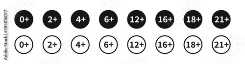18 plus content icon. Age restriction symbol. Only over 0, 2, 4, 6, 12, 16, eighteen, 21 warning signs. Old symbols. Limit icons. Black color. Vector sign.