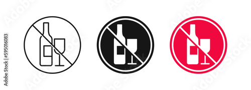 No alcohol icon. Drink prohibited symbol. Wine glass forbidden signs. Stop drink symbols. Bottle ban icons. Black, red color. Vector sign.