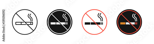 No smoke  icon. Stop smoking symbol. Forbidden cigarette signs. Ban tobacco symbols. Prohibit nicotine icons. Black, red, flat color. Vector sign.