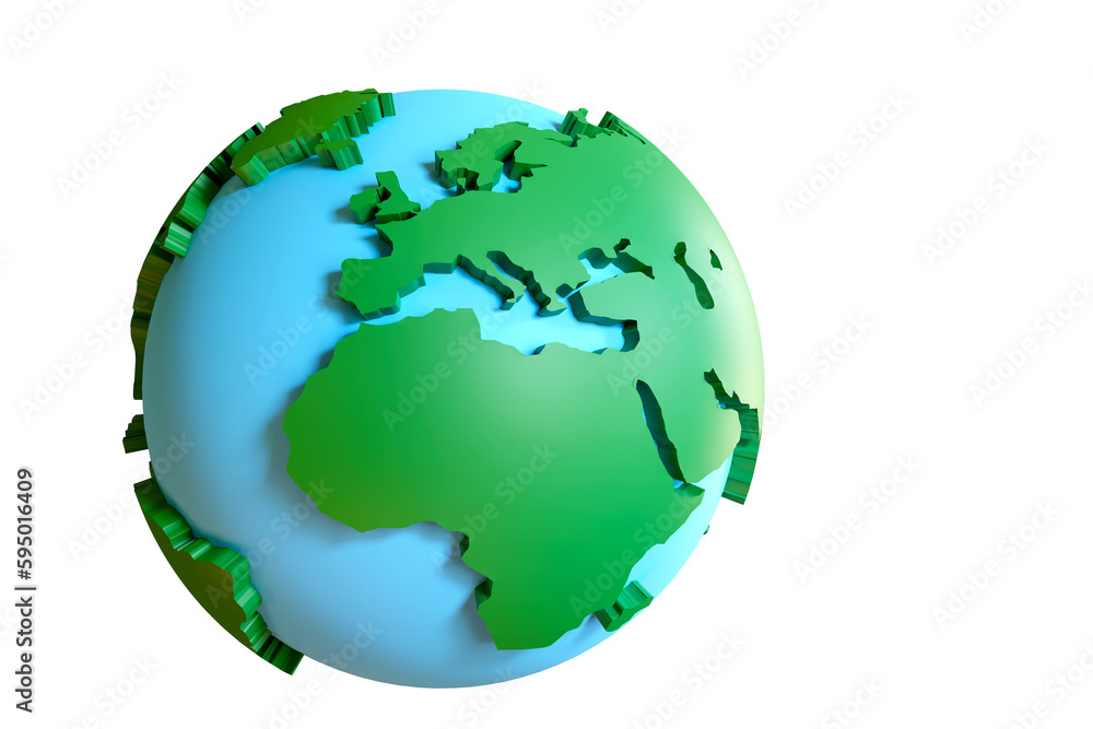 Planet earth. Globe with volumetric continents. World map view from space. Planet earth isolated on white. Globe with view of Africa and Europe. Cartoon style. Planet earth icon. 3d image