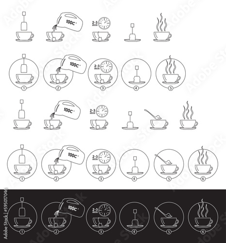 Tea brew instruction icons. Set of outlined tea icons. Tea making instruction, guidelines. How to make tea. Package design element. Design element template.Vector Illustration