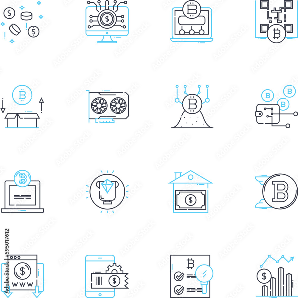 Blockchain technology linear icons set. Decentralization, Cryptocurrency, Security, Transparency, Smart contracts, Immutable, Distributed line vector and concept signs. Ledger,Trustless,Consensus