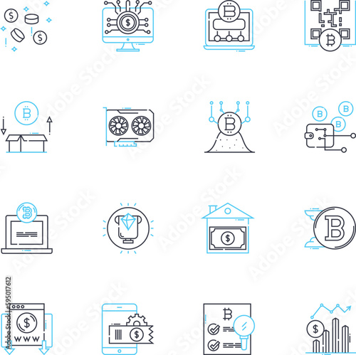 Blockchain technology linear icons set. Decentralization, Cryptocurrency, Security, Transparency, Smart contracts, Immutable, Distributed line vector and concept signs. Ledger,Trustless,Consensus
