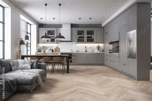 Gray kitchen and living room interior. Generative AI