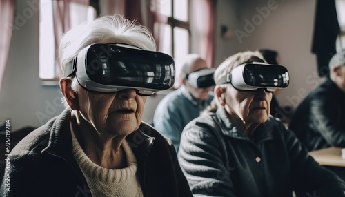 Modern Aging, Senior people using VR glasses, Generative AI