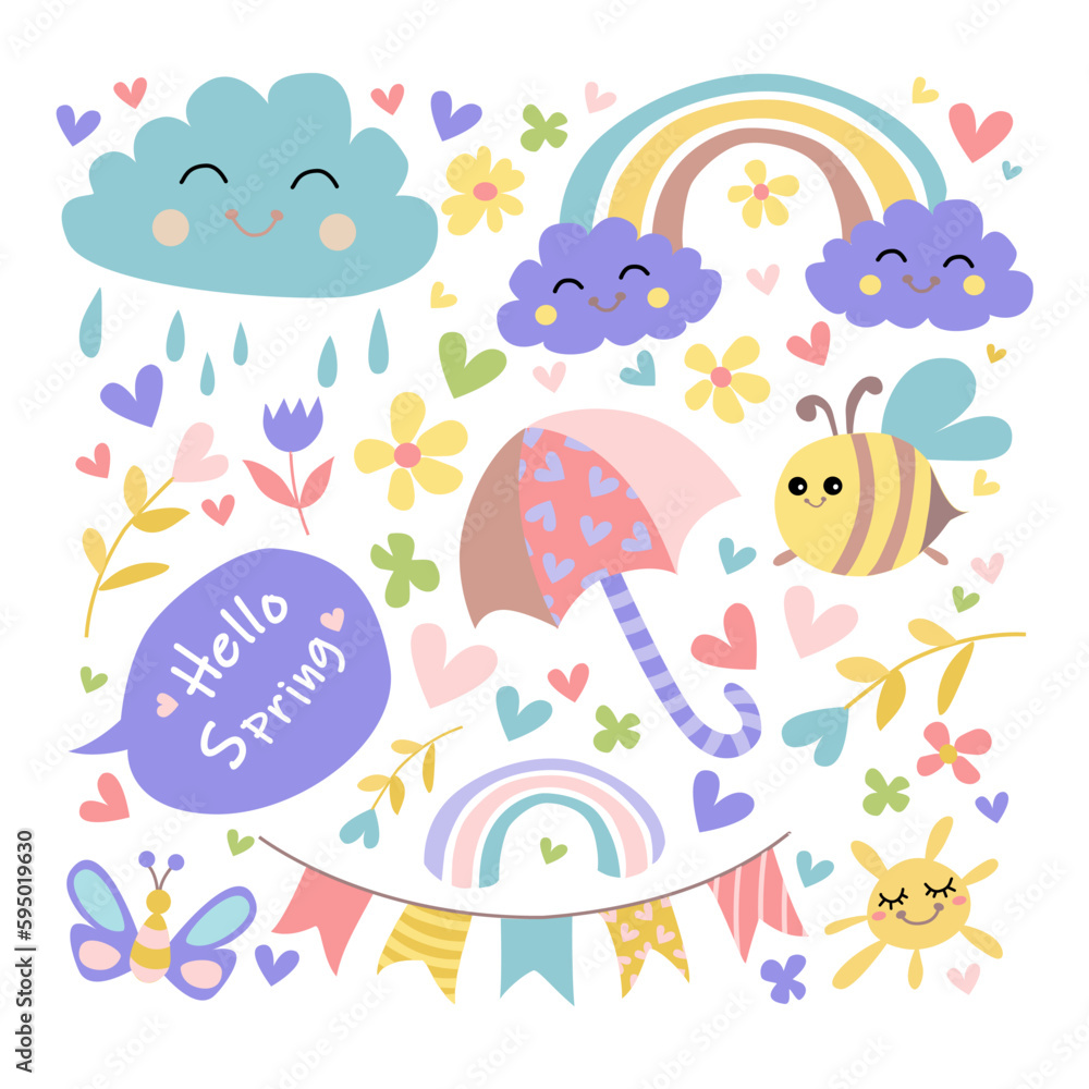 Spring collection stickers with animals. Cartoon animals characters set. Cute chick with clorful house, flover. Flat vector cartoon design.