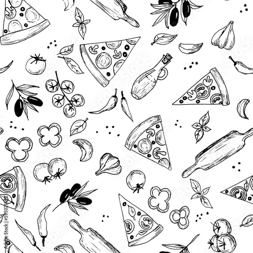 Line art hand drawn seamless pattern with pizza slices, garlic, pepper, tomatoes, olives in black lines on white backdrop. Minimalistic simple fast food background