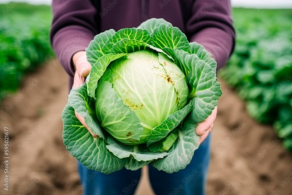 A man holds cabbage against the backdrop of a ripening field. Farmer's hands close up. The concept of planting and harvesting a rich harvest. - obrazy, fototapety, plakaty 