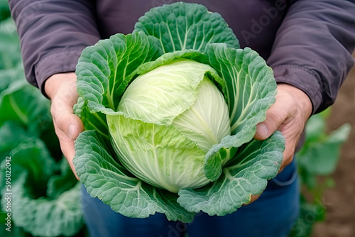 A man holds cabbage against the backdrop of a ripening field. Farmer's hands close up. The concept of planting and harvesting a rich harvest.