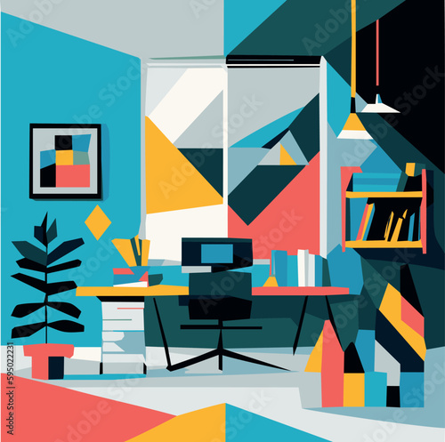 Modern office interior with geometric patterns on the walls and floors