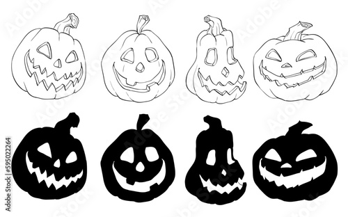 Halloween pumpkins with various expressions. Vector illustration Set with line and silhouette style