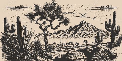 Mountain desert texas background landscape. Wild west western adventure explore inspirational vibe. Graphic Art. Engraving Vector