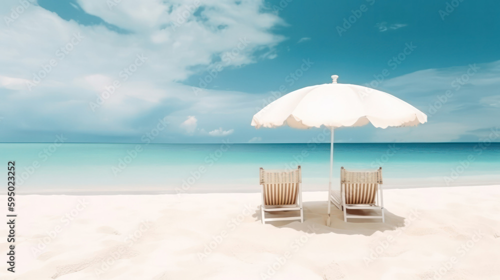 Two pairs of sun loungers and two umbrellas by the ocean on a white sand beach . generative AI