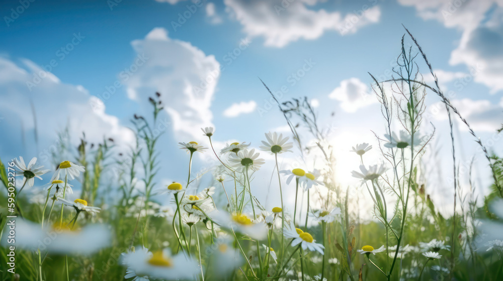 Field of daisies against the blue sky . generative AI