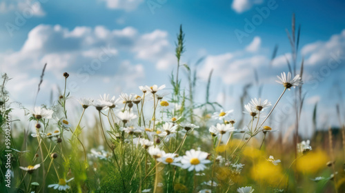 field of daisies against blue sky . generative AI