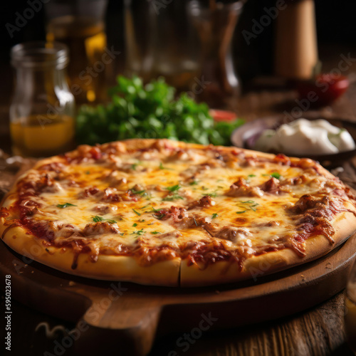 Delicious hot pizza on a wooden stand . generative AI