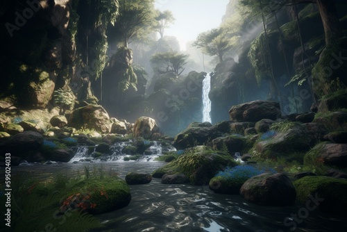 Discover the Enchanting Waterfall in a Magical Ravine with Unreal Engine 5 s Hyper-Detailed Bokeh and Ultra-Wide Angle Depth of Field   Generative ai