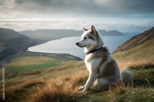 alaskan malamute dog sitting on a mountain looking at the ocean