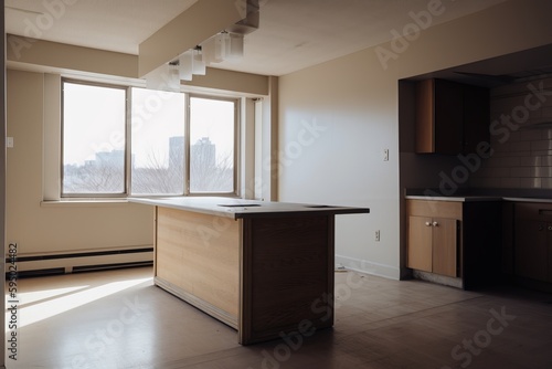 Modern wood and concrete kitchen interior. empty apartment kitchen. Generative Ai © danin
