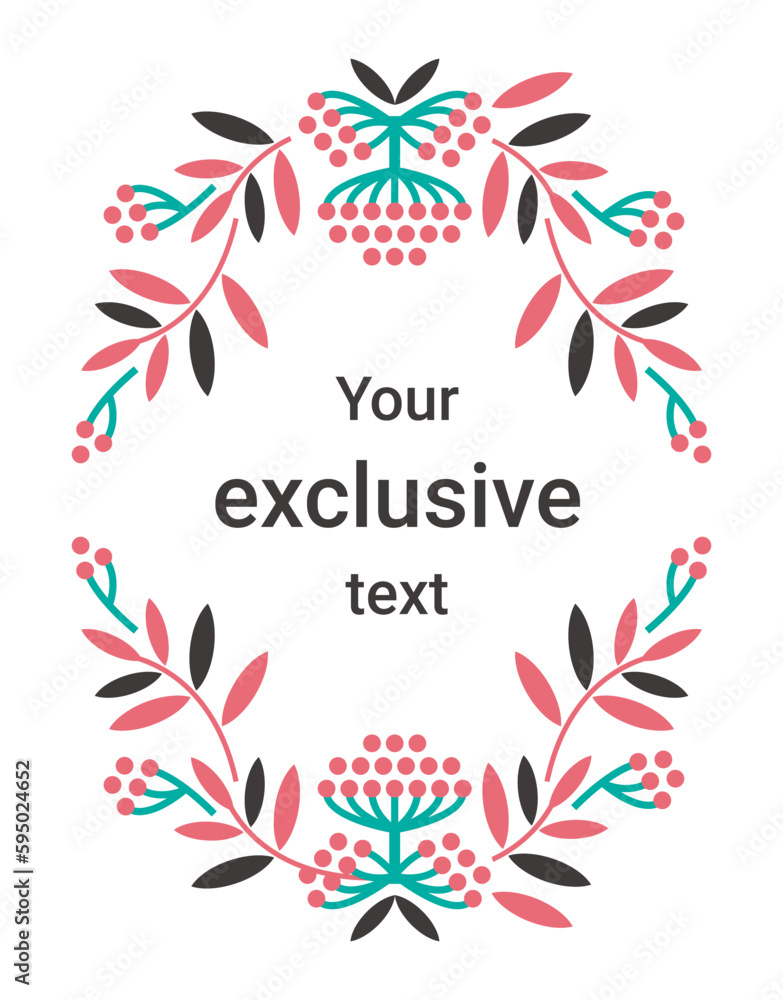 Obraz premium Clusters of mountain ash with leaves for the design and decoration of a postcard, poster, menu, banner. Wild berries in flat graphic geometric style isolated on white background. Template with text.