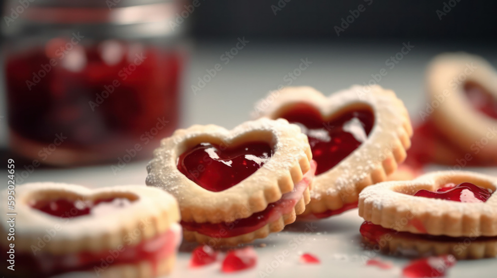 heart shaped cookies with red  jam . generative AI