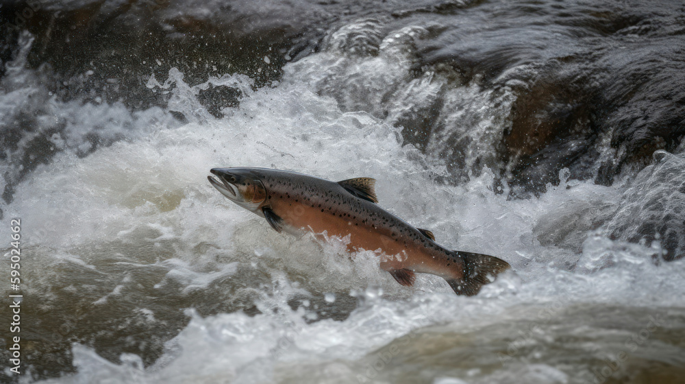 Fototapeta premium Salmon go to spawn . generative AI