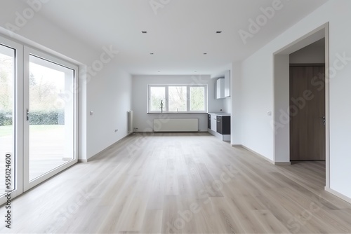 Empty room interior design,modern kitchen room, empty house interior in scandinavian style, oak parquet floor. Generative Ai