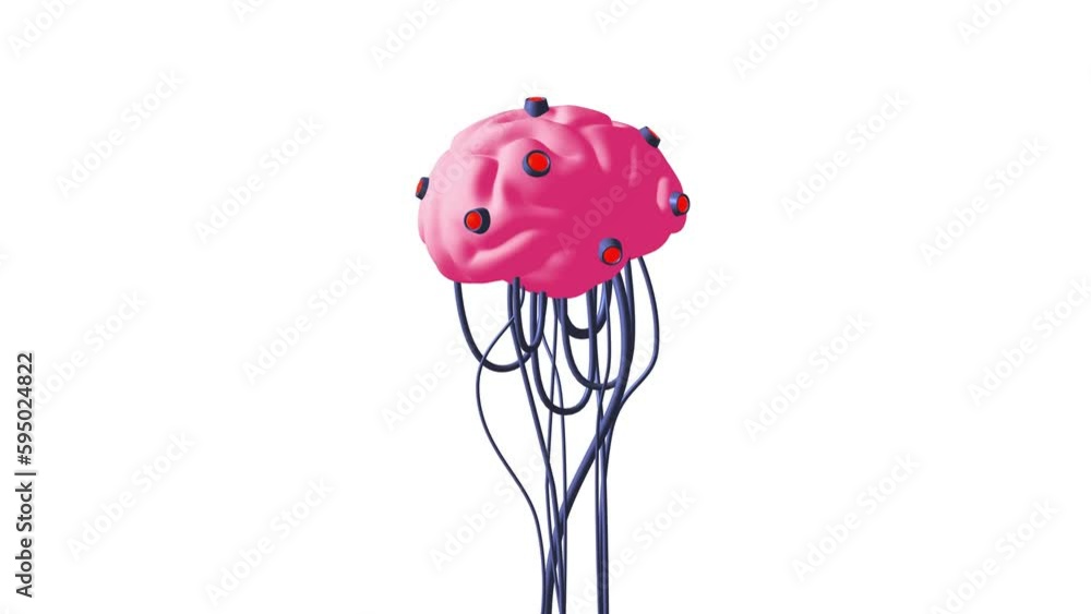 Cyber brain wired neural network. Robotic eternal organ. Cyborg robot brain rotate 3d render endless loop. 4K FullHD and HD render footage animation on chroma key