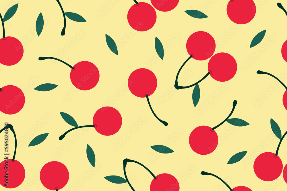 Image of cherry fruits with green leaves on a yellow background vector illustration. Cute cartoon fruit pattern, flat design for fashionable print. Vector illustration Image of cherry fruits with green leaves on a yellow background vector illustration. Cute cartoon fruit pattern, flat design for fashionable print. Vector illustration