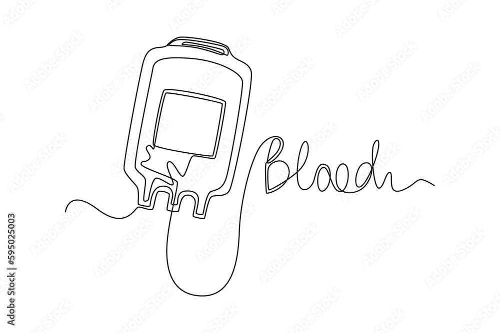 Continuous one line drawing blood bag with tube forming inscription blood. World blood day concept. Single line draw design vector graphic illustration. Continuous one line drawing blood bag with tube forming inscription blood. World blood day concept. Single line draw design vector graphic illustration.