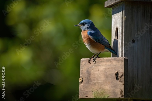bluebird house with bluebird basking in the sun, created with generative ai