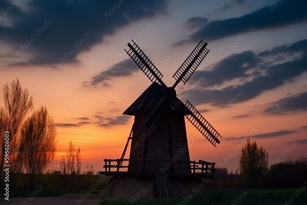Windmill in the evening. Background. Generative AI