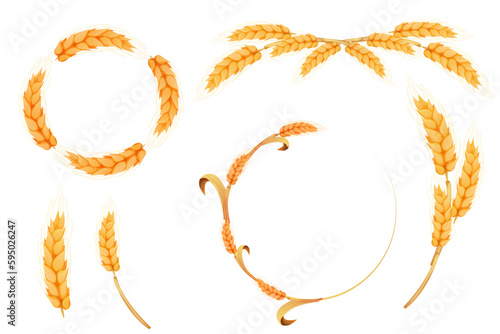 Set Wreath from spikelet, frame, border golden color wheat circle in cartoon style isolated on white background. For bakery, tags or labels
