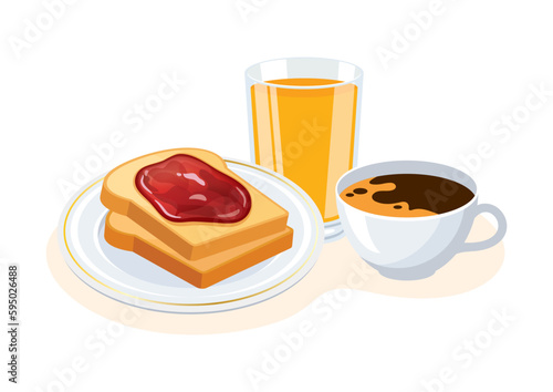 Breakfast with toasted bread, cup of coffee and glass of orange juice vector illustration. Toasted bread with jam drawing. Sweet breakfast still life vector on a white background