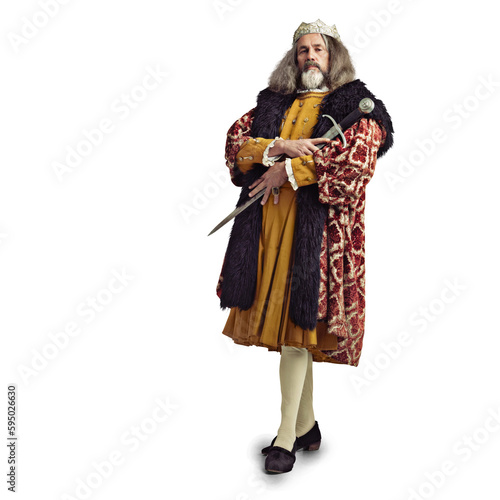 King, old royalty and portrait of royal man with sword and power with luxury fashion. Victorian, vintage crown and mature male with a costume of a leader isolated on a transparent, png background