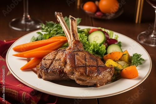 Savor the delectable taste of lamb chops and crispy chicken with a side of salad and carrots. Generative AI